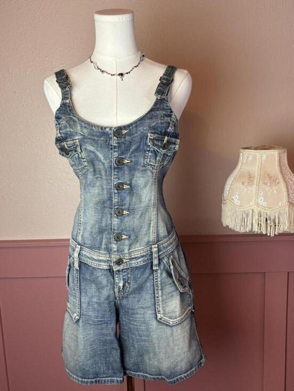 guess vintage 2000s jean short denim overalls romper blue sz medium cotton y2k